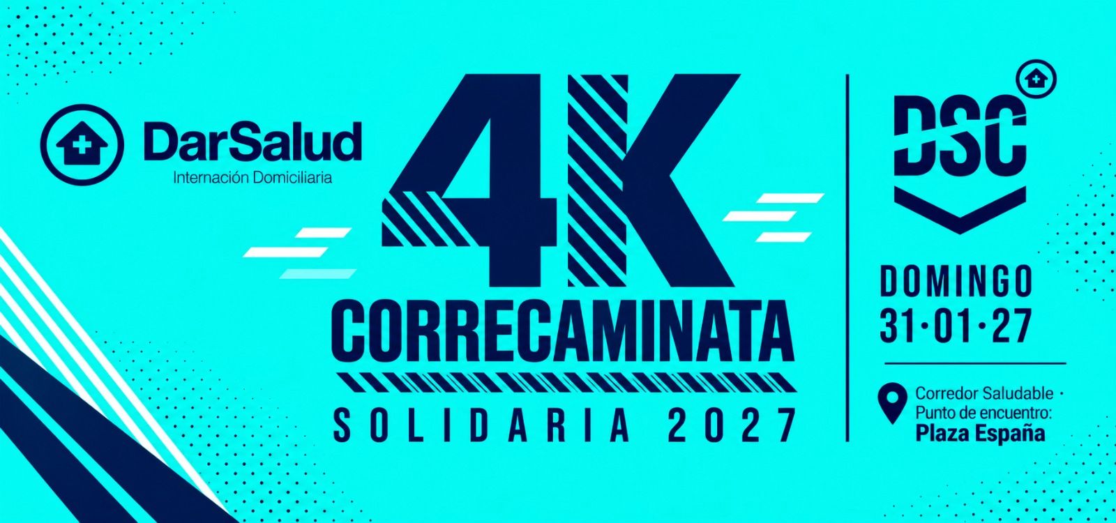 Correcaminata Solidaria Dar Salud 4K. Domingo 31 de enero de 2027. Punto de encuentro: Plaza España, Mar del Plata.
