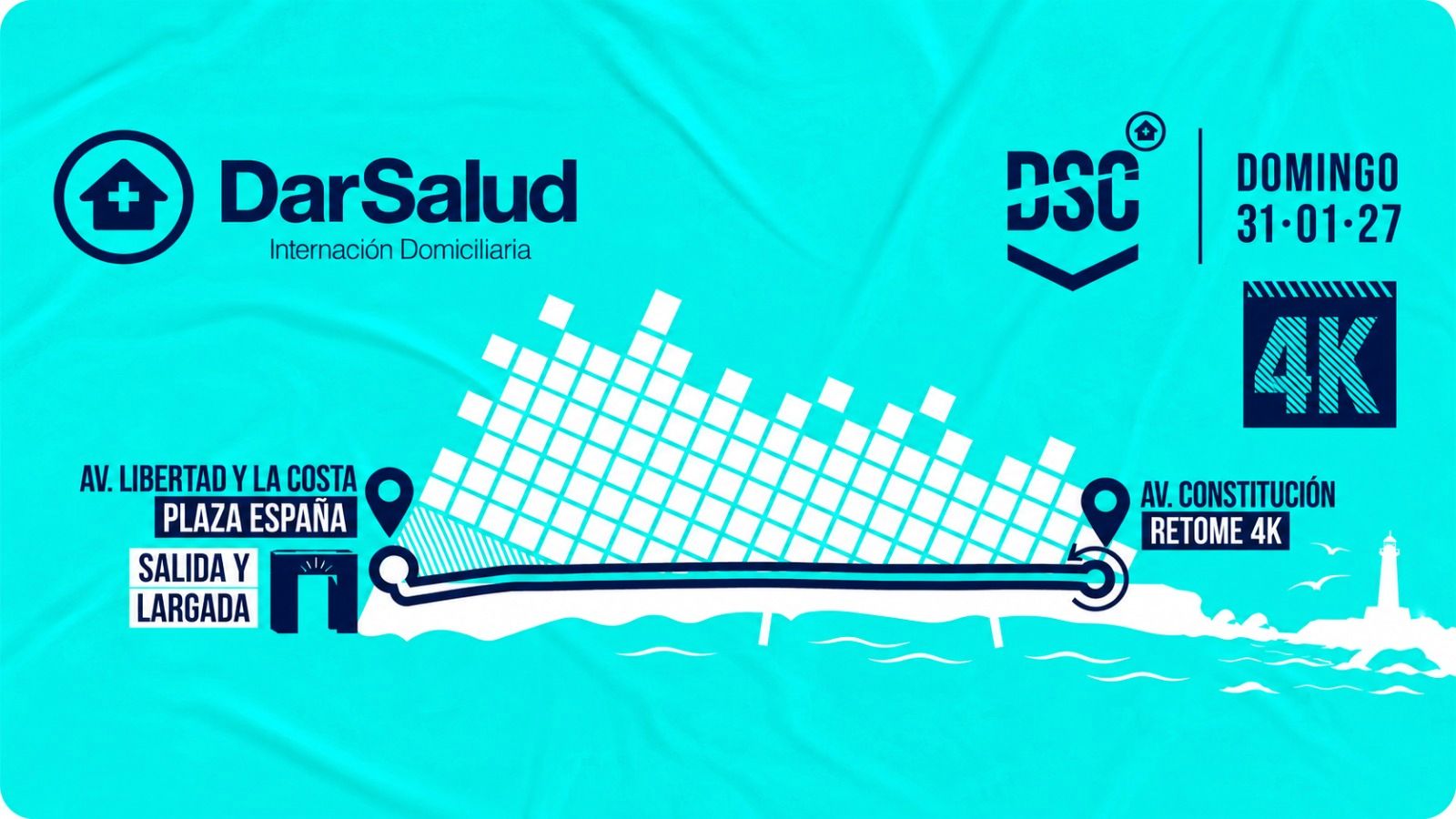 Circuito de la Correcaminata 4K: salida y largada en Plaza España (Av. Libertad y la Costa), retome en Av. Constitución. Domingo 31 de enero de 2027.