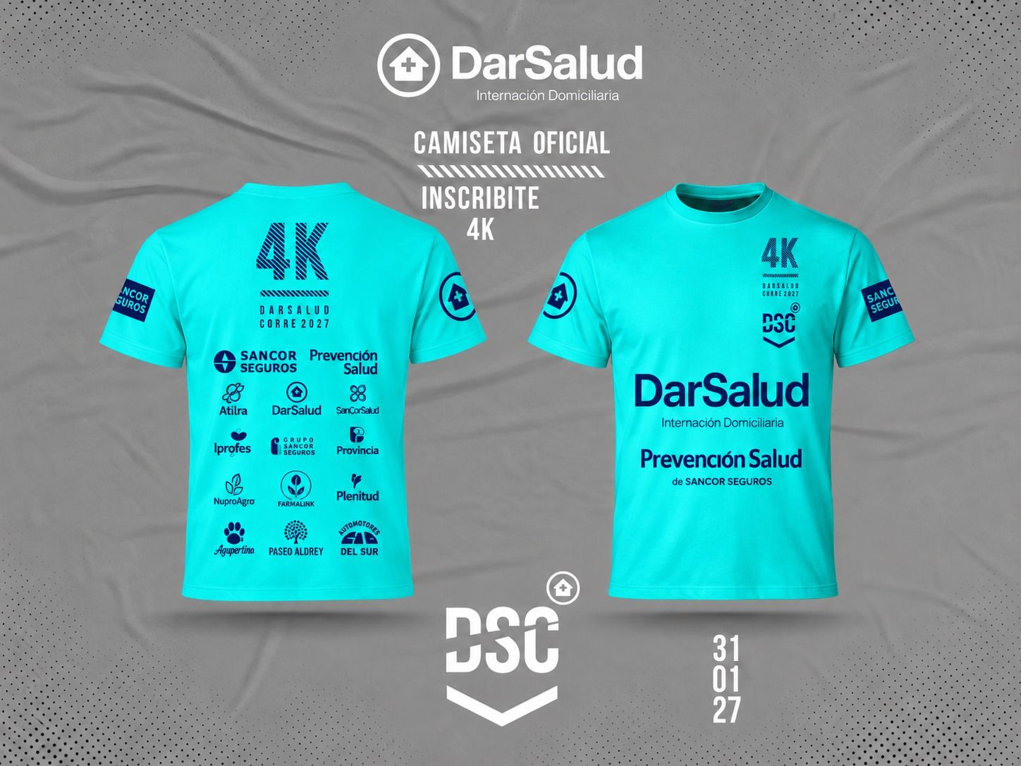 Camiseta oficial de la Correcaminata 4K 2027: dorso con los logos de los sponsors y frente con DarSalud y Prevención Salud.