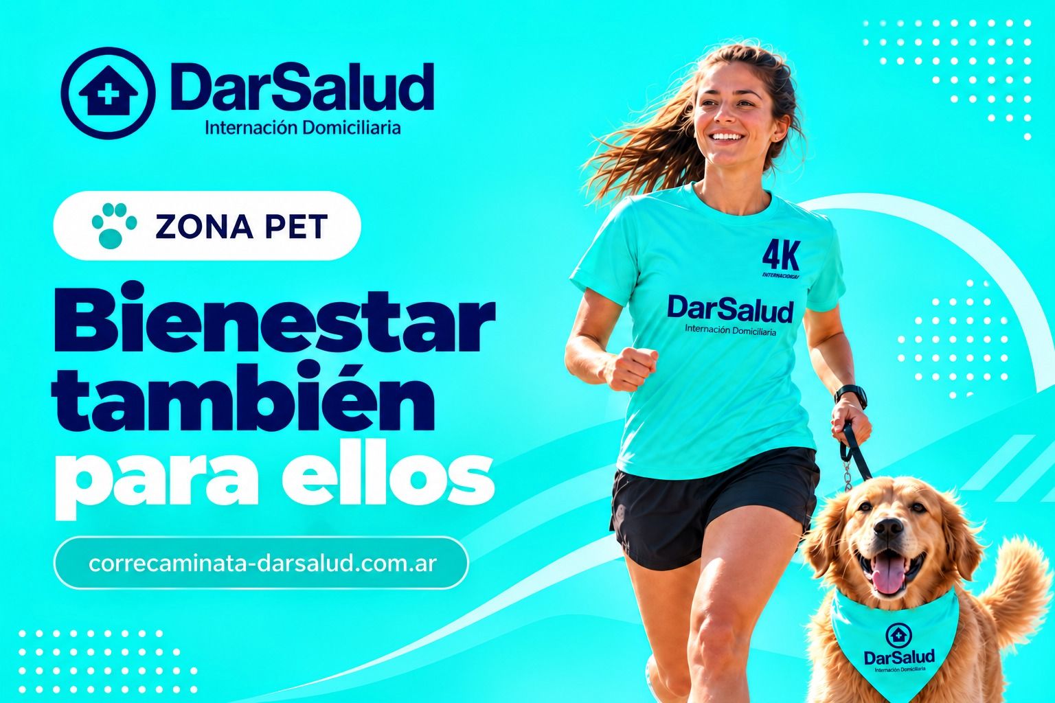 Zona Pet. Bienestar también para ellos. Una corredora con la remera 4K de la Correcaminata corre junto a su perro, que lleva un pañuelo de DarSalud.